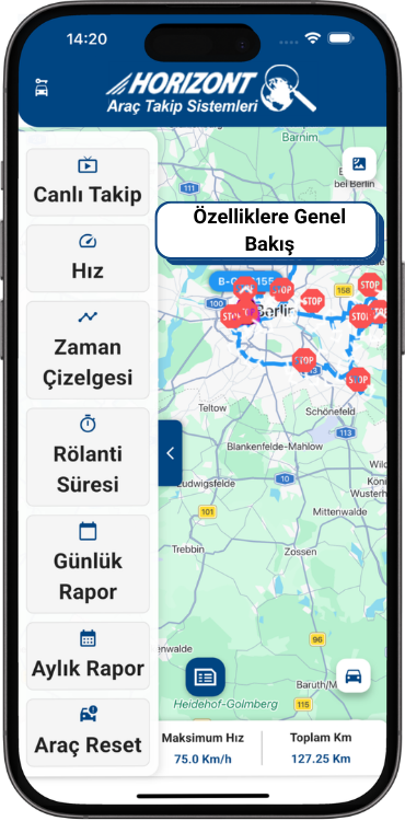 Araç takip sisteminin Türkçe özellik menüsü